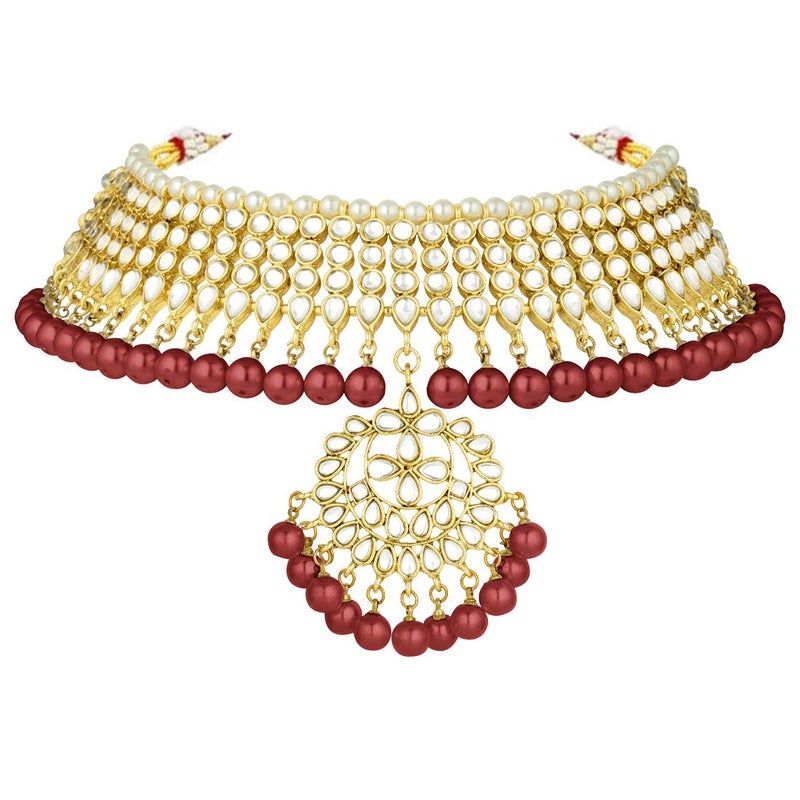 Aheli Faux Kundan Beaded Necklace with Earrings & Maang Tikka Indian Bollywood Ethnic Jewelry Set for Women - Image 5